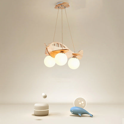 Contemporary Creative Kids Cartoon Airplane Orb Wood Iron Glass 3-Light Chandelier For Bedroom