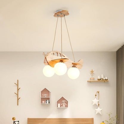 Contemporary Creative Kids Cartoon Airplane Orb Wood Iron Glass 3-Light Chandelier For Bedroom
