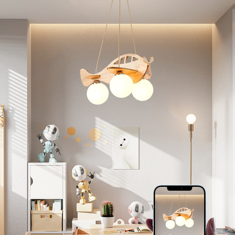 Contemporary Creative Kids Cartoon Airplane Orb Wood Iron Glass 3-Light Chandelier For Bedroom