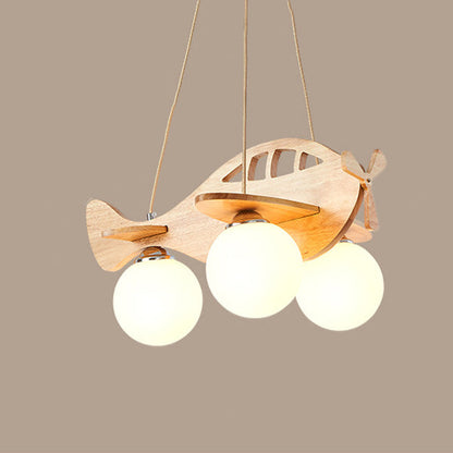 Contemporary Creative Kids Cartoon Airplane Orb Wood Iron Glass 3-Light Chandelier For Bedroom