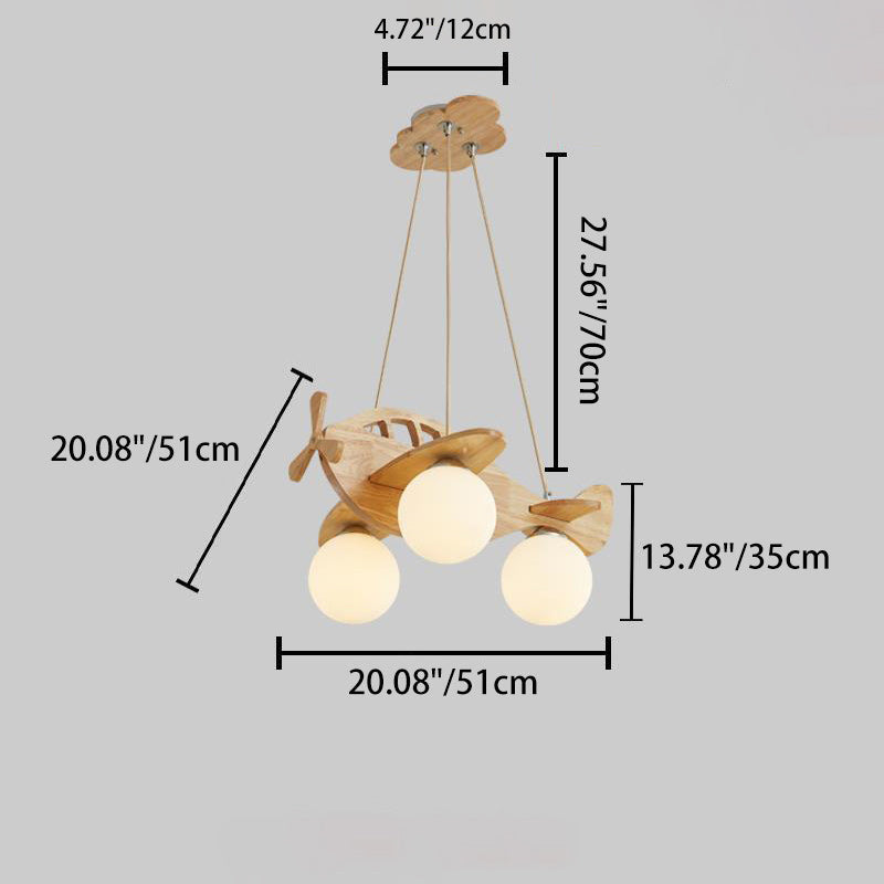 Contemporary Creative Kids Cartoon Airplane Orb Wood Iron Glass 3-Light Chandelier For Bedroom