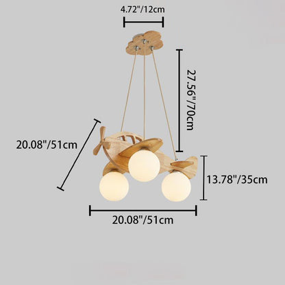 Contemporary Creative Kids Cartoon Airplane Orb Wood Iron Glass 3-Light Chandelier For Bedroom