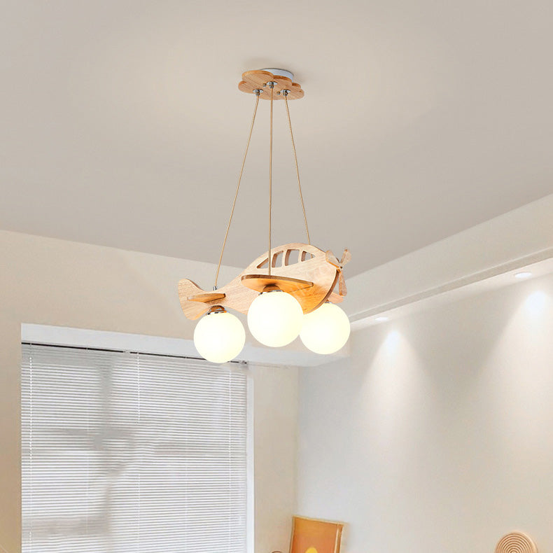 Contemporary Creative Kids Cartoon Airplane Orb Wood Iron Glass 3-Light Chandelier For Bedroom