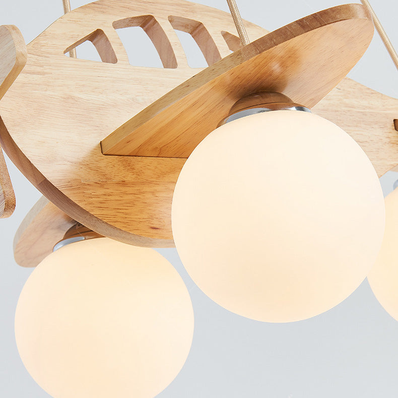 Contemporary Creative Kids Cartoon Airplane Orb Wood Iron Glass 3-Light Chandelier For Bedroom