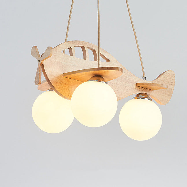 Contemporary Creative Kids Cartoon Airplane Orb Wood Iron Glass 3-Light Chandelier For Bedroom