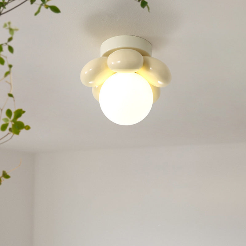 Contemporary Creative Cream Cartoon Flower Round Orb Iron Resin 1-Light Semi-Flush Mount Ceiling Light For Hallway
