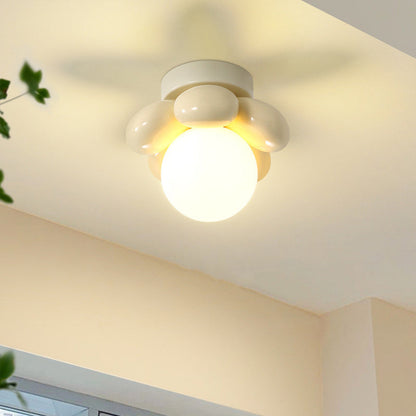 Contemporary Creative Cream Cartoon Flower Round Orb Iron Resin 1-Light Semi-Flush Mount Ceiling Light For Hallway