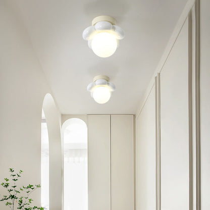Contemporary Creative Cream Cartoon Flower Round Orb Iron Resin 1-Light Semi-Flush Mount Ceiling Light For Hallway