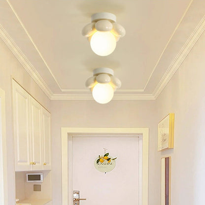Contemporary Creative Cream Cartoon Flower Round Orb Iron Resin 1-Light Semi-Flush Mount Ceiling Light For Hallway
