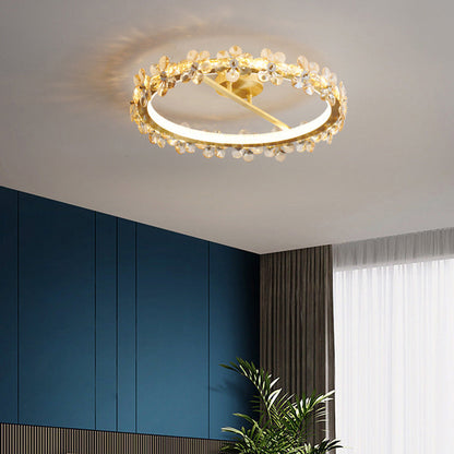 Contemporary Creative Floral Round Circle Copper Crystal LED Semi-Flush Mount Ceiling Light For Bedroom