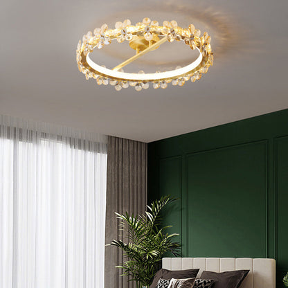 Contemporary Creative Floral Round Circle Copper Crystal LED Semi-Flush Mount Ceiling Light For Bedroom