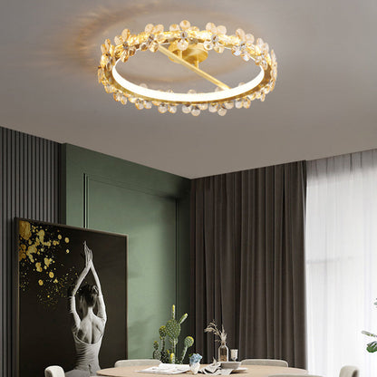 Contemporary Creative Floral Round Circle Copper Crystal LED Semi-Flush Mount Ceiling Light For Bedroom
