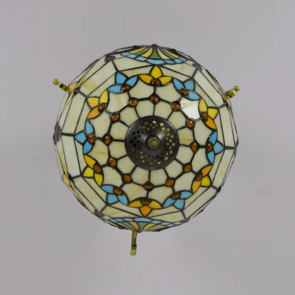Traditional Tiffany Round Semi-Circle Iron Stained Glass 2-Light Semi-Flush Mount Ceiling Light For Bedroom