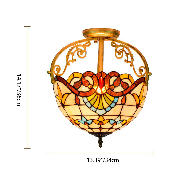 Traditional Tiffany Round Semi-Circle Iron Stained Glass 2-Light Semi-Flush Mount Ceiling Light For Bedroom