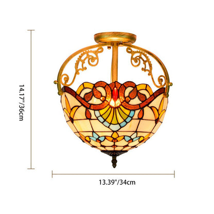 Traditional Tiffany Round Semi-Circle Iron Stained Glass 2-Light Semi-Flush Mount Ceiling Light For Bedroom
