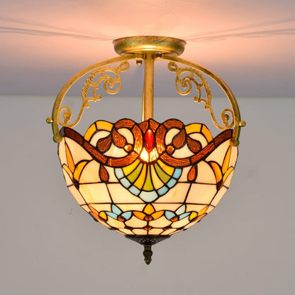 Traditional Tiffany Round Semi-Circle Iron Stained Glass 2-Light Semi-Flush Mount Ceiling Light For Bedroom