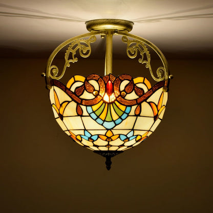 Traditional Tiffany Round Semi-Circle Iron Stained Glass 2-Light Semi-Flush Mount Ceiling Light For Bedroom