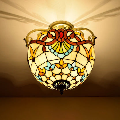 Traditional Tiffany Round Semi-Circle Iron Stained Glass 2-Light Semi-Flush Mount Ceiling Light For Bedroom