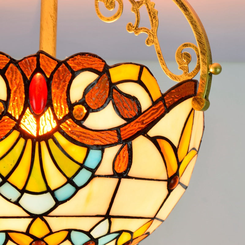 Traditional Tiffany Round Semi-Circle Iron Stained Glass 2-Light Semi-Flush Mount Ceiling Light For Bedroom