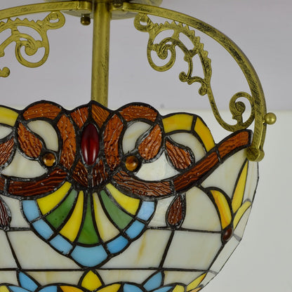 Traditional Tiffany Round Semi-Circle Iron Stained Glass 2-Light Semi-Flush Mount Ceiling Light For Bedroom