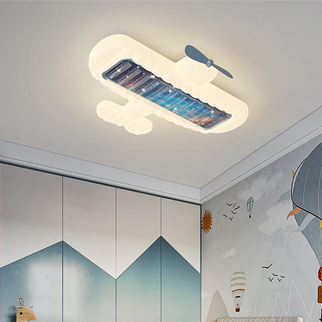 Contemporary Creative Cream Cartoon Airplane Shape Rectangle PE Iron LED Flush Mount Ceiling Light For Bedroom