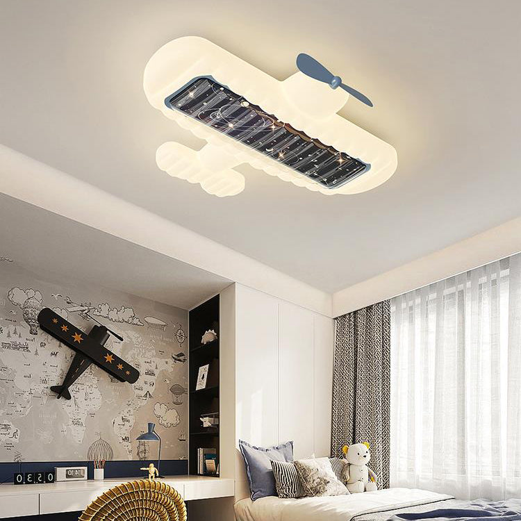 Contemporary Creative Cream Cartoon Airplane Shape Rectangle PE Iron LED Flush Mount Ceiling Light For Bedroom
