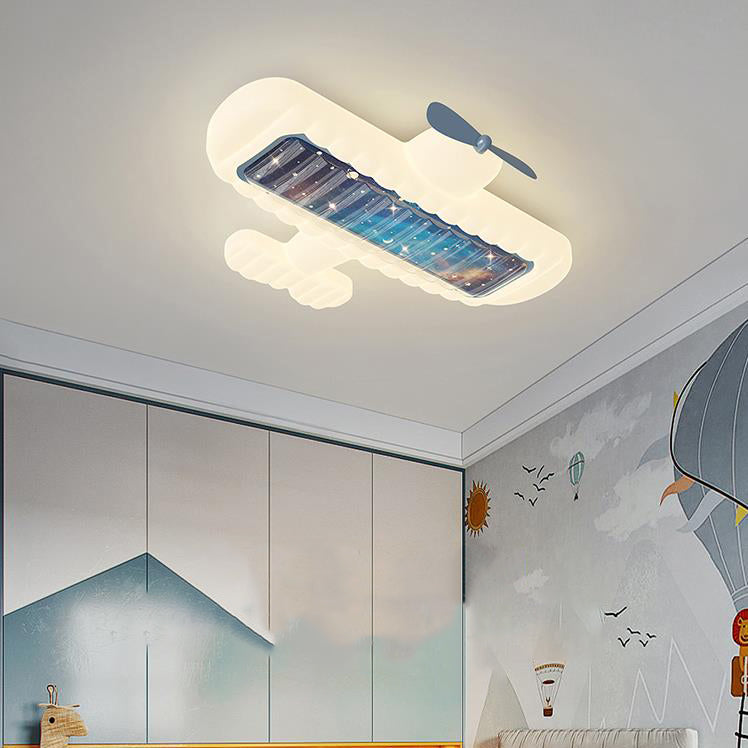 Contemporary Creative Cream Cartoon Airplane Shape Rectangle PE Iron LED Flush Mount Ceiling Light For Bedroom