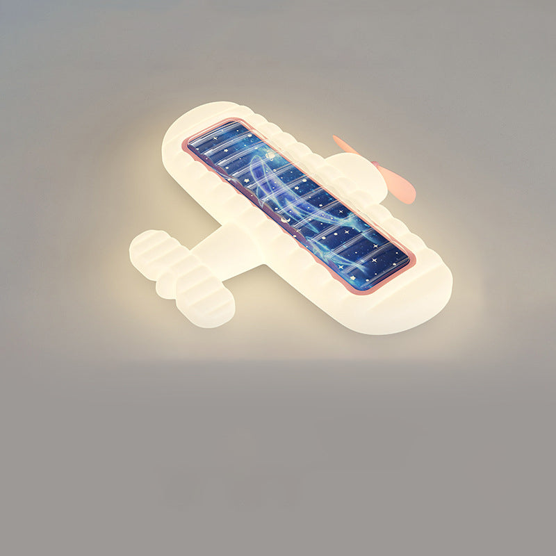 Contemporary Creative Cream Cartoon Airplane Shape Rectangle PE Iron LED Flush Mount Ceiling Light For Bedroom