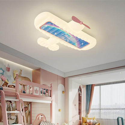 Contemporary Creative Cream Cartoon Airplane Shape Rectangle PE Iron LED Flush Mount Ceiling Light For Bedroom