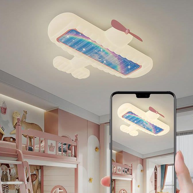 Contemporary Creative Cream Cartoon Airplane Shape Rectangle PE Iron LED Flush Mount Ceiling Light For Bedroom