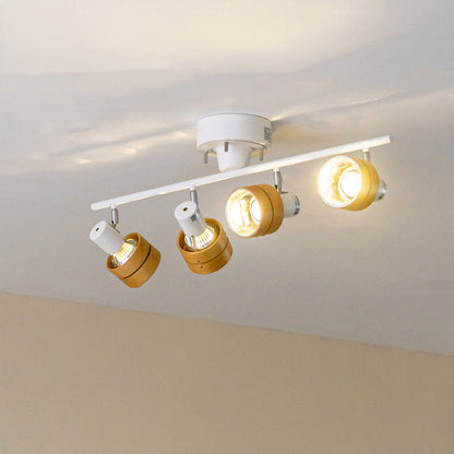 Contemporary Nordic Cylinder Linear Iron Wood Spotlight 4-Light Semi-Flush Mount Ceiling Light For Living Room