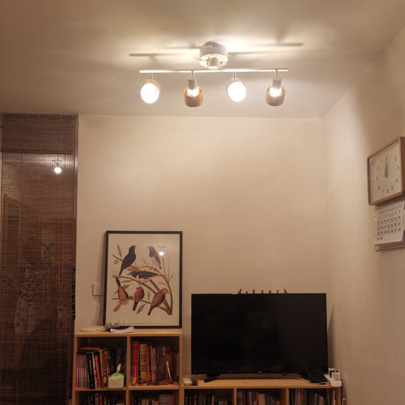 Contemporary Nordic Cylinder Linear Iron Wood Spotlight 4-Light Semi-Flush Mount Ceiling Light For Living Room