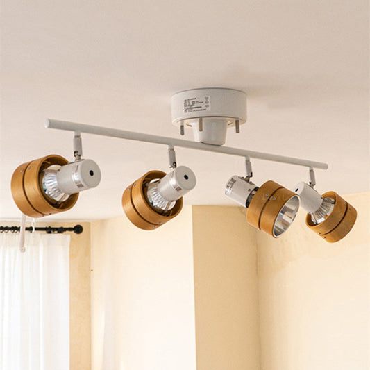 Contemporary Nordic Cylinder Linear Iron Wood Spotlight 4-Light Semi-Flush Mount Ceiling Light For Living Room