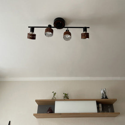 Contemporary Nordic Cylinder Linear Iron Wood Spotlight 4-Light Semi-Flush Mount Ceiling Light For Living Room