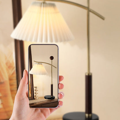 Contemporary Nordic Round Pleated Cone Rubberwood Marble Copper Glass PVC 1-Light Table Lamp For Bedroom