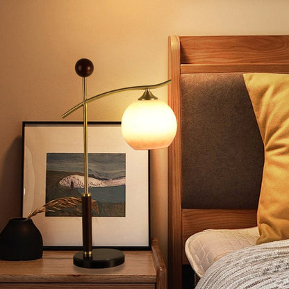 Contemporary Nordic Round Pleated Cone Rubberwood Marble Copper Glass PVC 1-Light Table Lamp For Bedroom