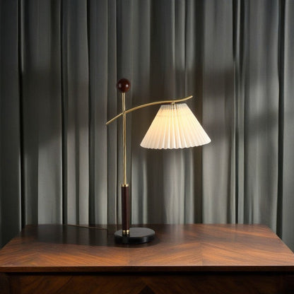 Contemporary Nordic Round Pleated Cone Rubberwood Marble Copper Glass PVC 1-Light Table Lamp For Bedroom