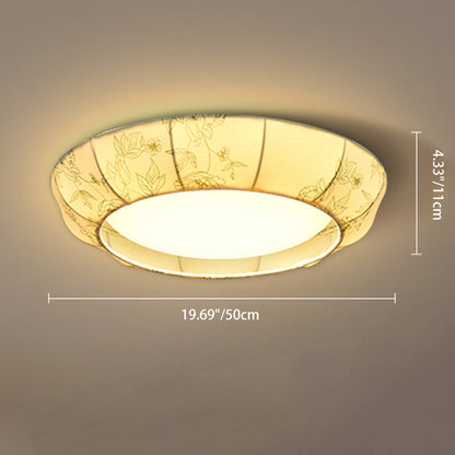 Traditional French Print Bowl Shape Round Iron Fabric LED Flush Mount Ceiling Light For Bedroom