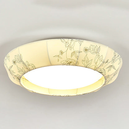Traditional French Print Bowl Shape Round Iron Fabric LED Flush Mount Ceiling Light For Bedroom
