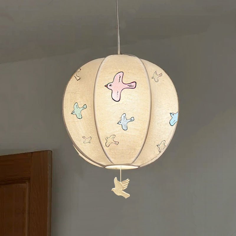 Contemporary Creative Kids Embroidery Peace Dove Round Hardware Fabric 1-Light Pendant Light For Bedroom