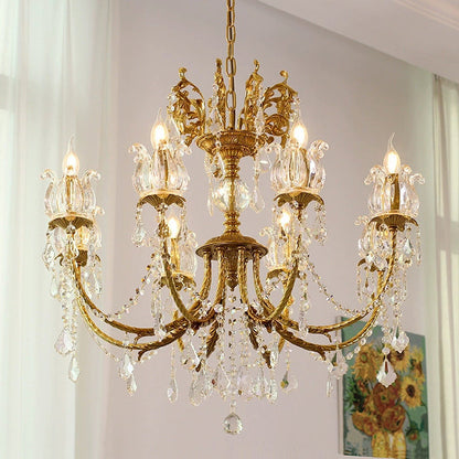 Traditional French Branch Curved Copper Crystal 6/8 Light Chandelier For Living Room