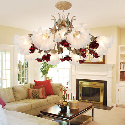 Traditional Rustic Floral Leaf Iron Glass 4/6/9 Light Chandelier For Living Room