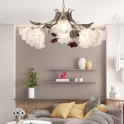 Traditional Rustic Floral Leaf Iron Glass 4/6/9 Light Chandelier For Living Room