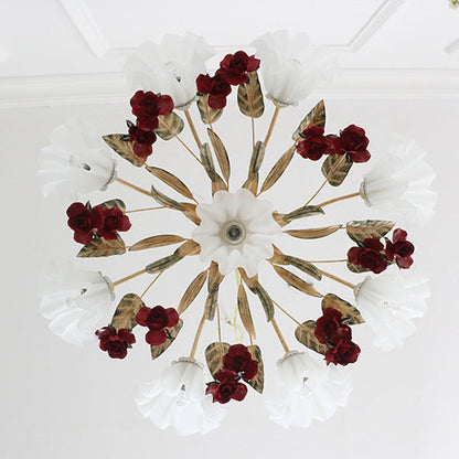 Traditional Rustic Floral Leaf Iron Glass 4/6/9 Light Chandelier For Living Room