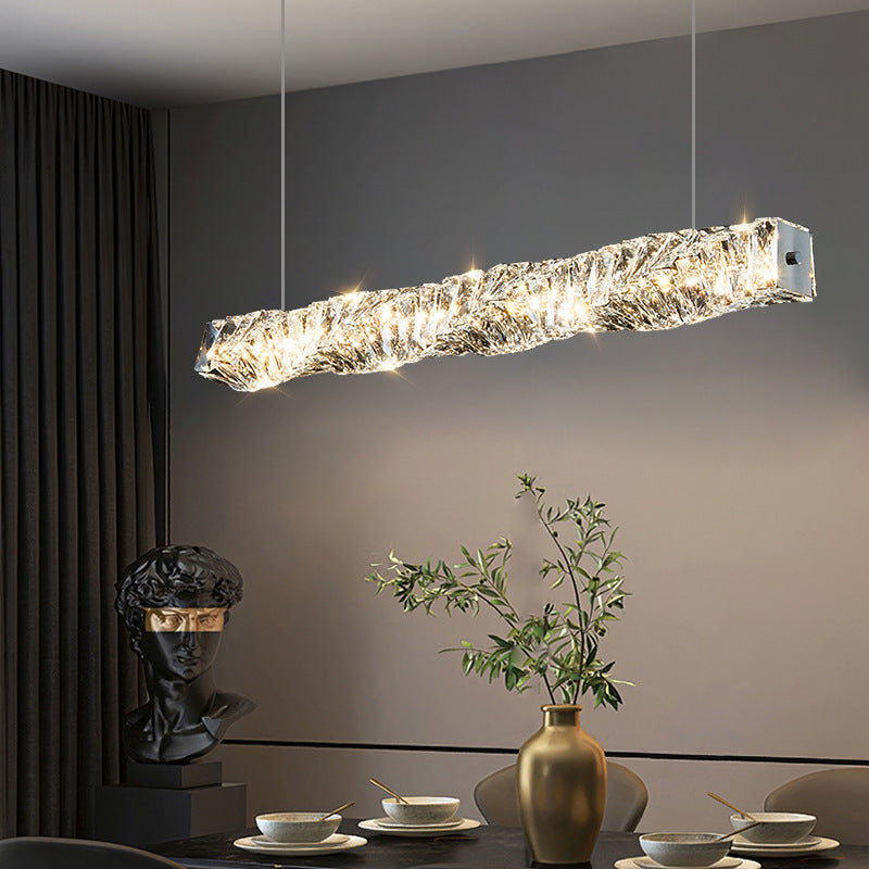 ثريا كريستال LED بتصميم خطي مستطيل الشكل من الفولاذ المقاوم للصدأ بتصميم فاخر لغرفة الطعام