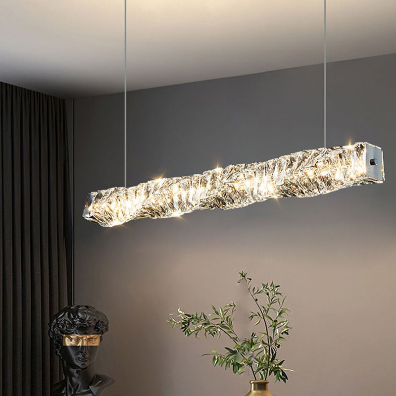 ثريا كريستال LED بتصميم خطي مستطيل الشكل من الفولاذ المقاوم للصدأ بتصميم فاخر لغرفة الطعام