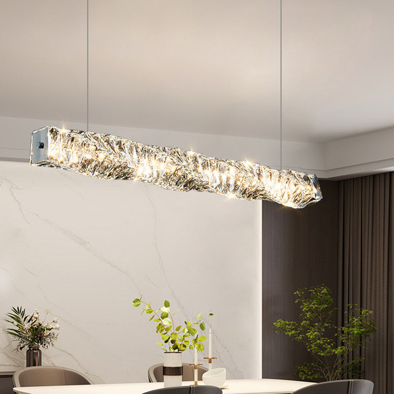 ثريا كريستال LED بتصميم خطي مستطيل الشكل من الفولاذ المقاوم للصدأ بتصميم فاخر لغرفة الطعام