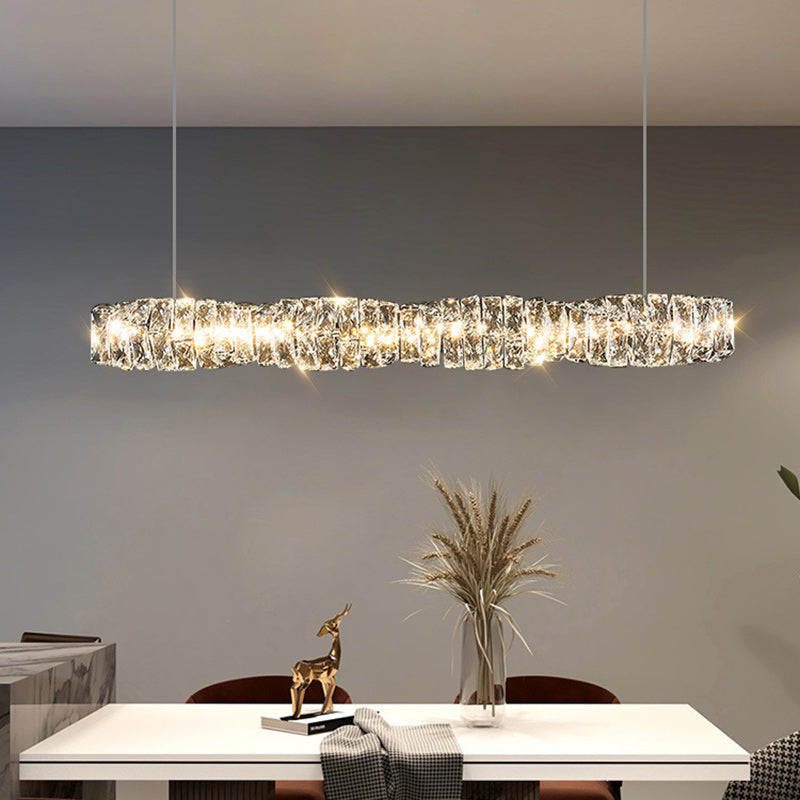 ثريا كريستال LED بتصميم خطي مستطيل الشكل من الفولاذ المقاوم للصدأ بتصميم فاخر لغرفة الطعام