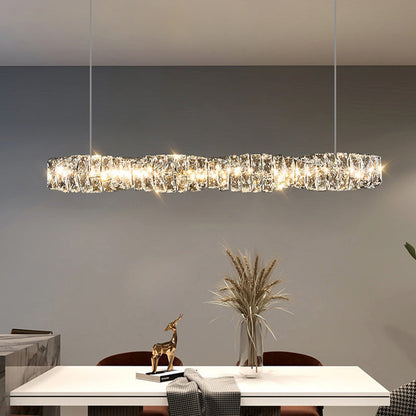 ثريا كريستال LED بتصميم خطي مستطيل الشكل من الفولاذ المقاوم للصدأ بتصميم فاخر لغرفة الطعام