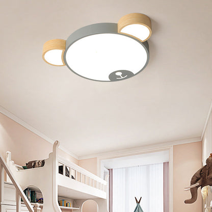 Contemporary Creative Macaron Kids Bear Round Iron Acrylic LED Flush Mount Ceiling Light For Bedroom